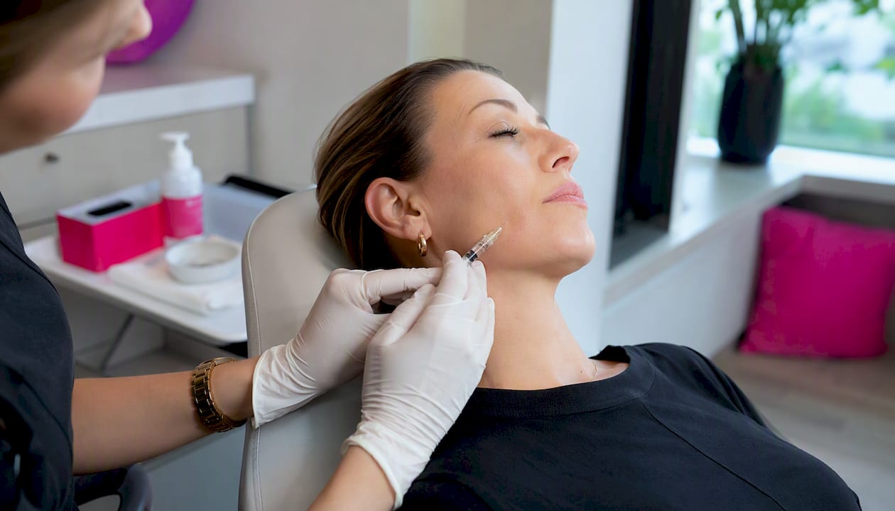 Clinician injecting skin booster into facial skin