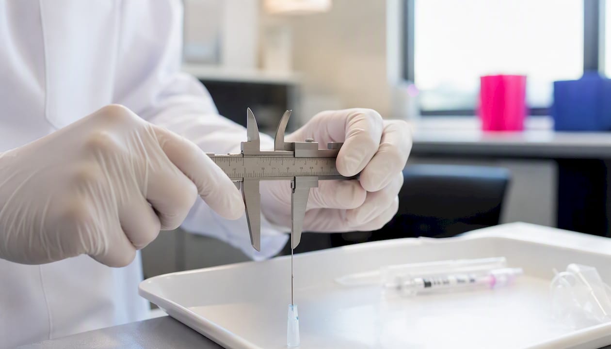 Hands measuring needle diameter with caliper