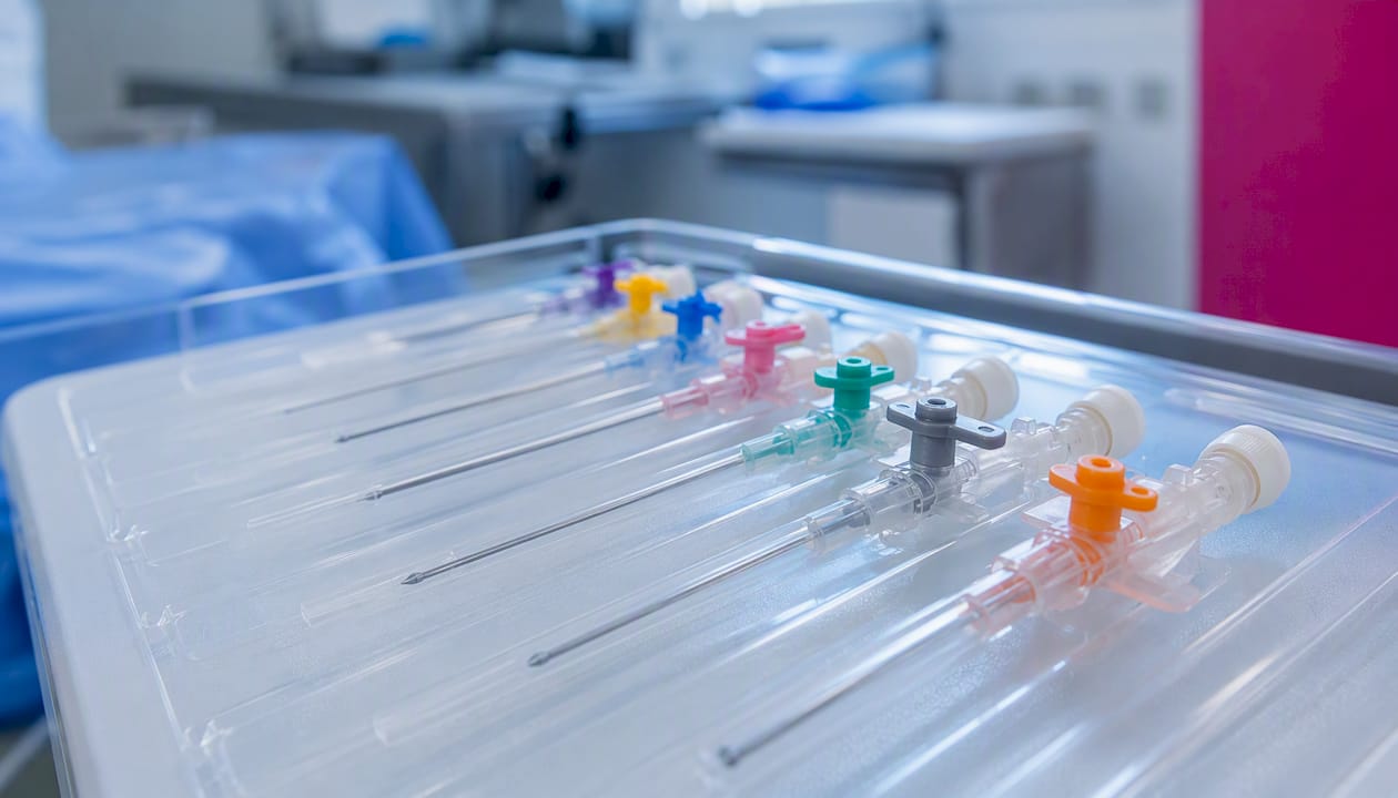 Array of IV cannulas with color-coded hubs