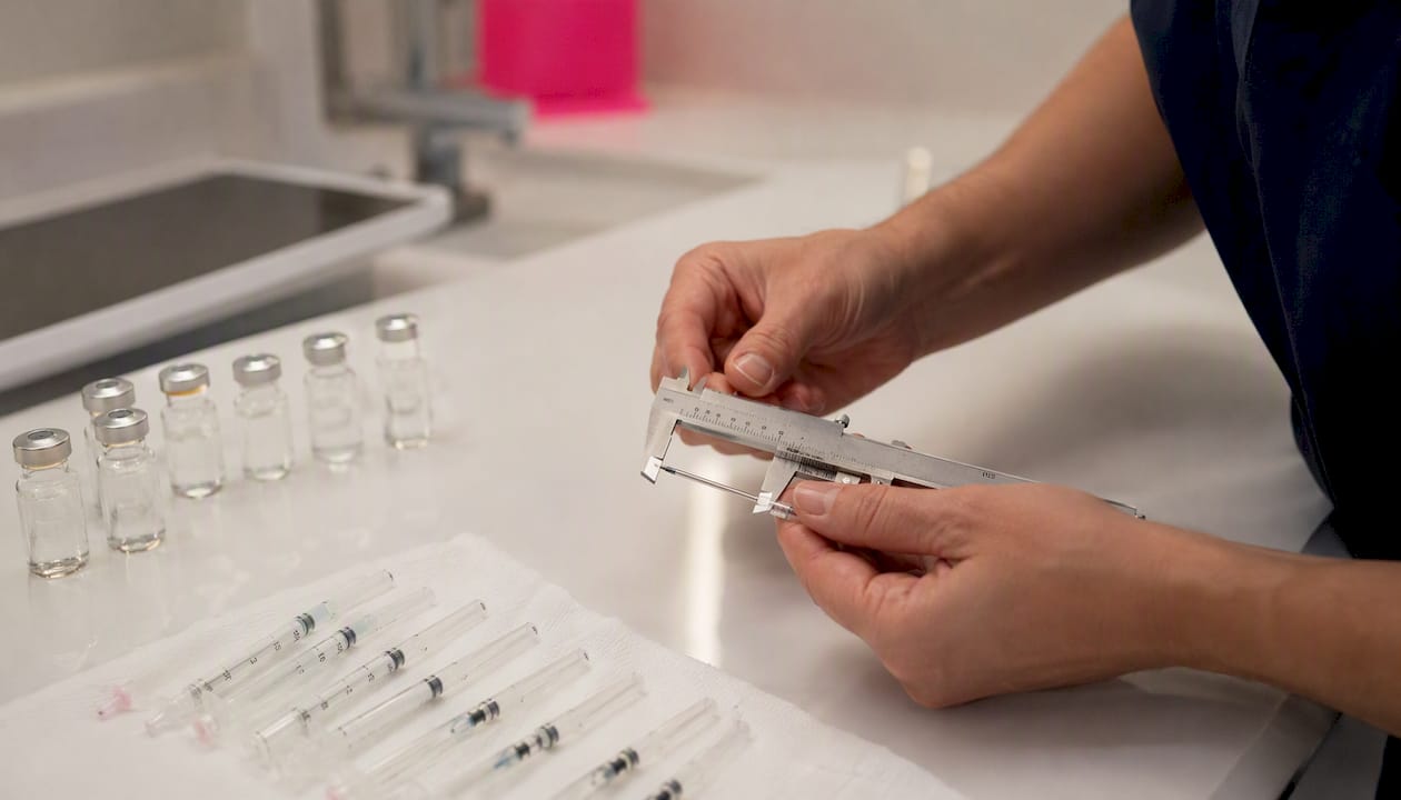 Hands measuring injection needle with caliper