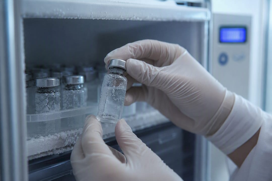 Gloved hand pulling vial from clinical fridge
