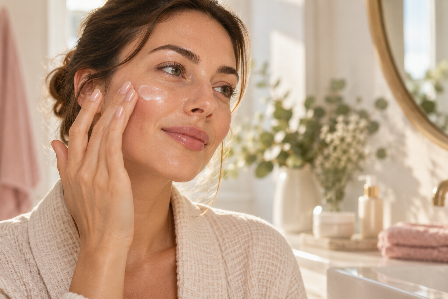 Woman applying skincare to her cheek