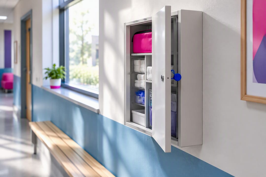 Accessible emergency kit cabinet in clinic corridor