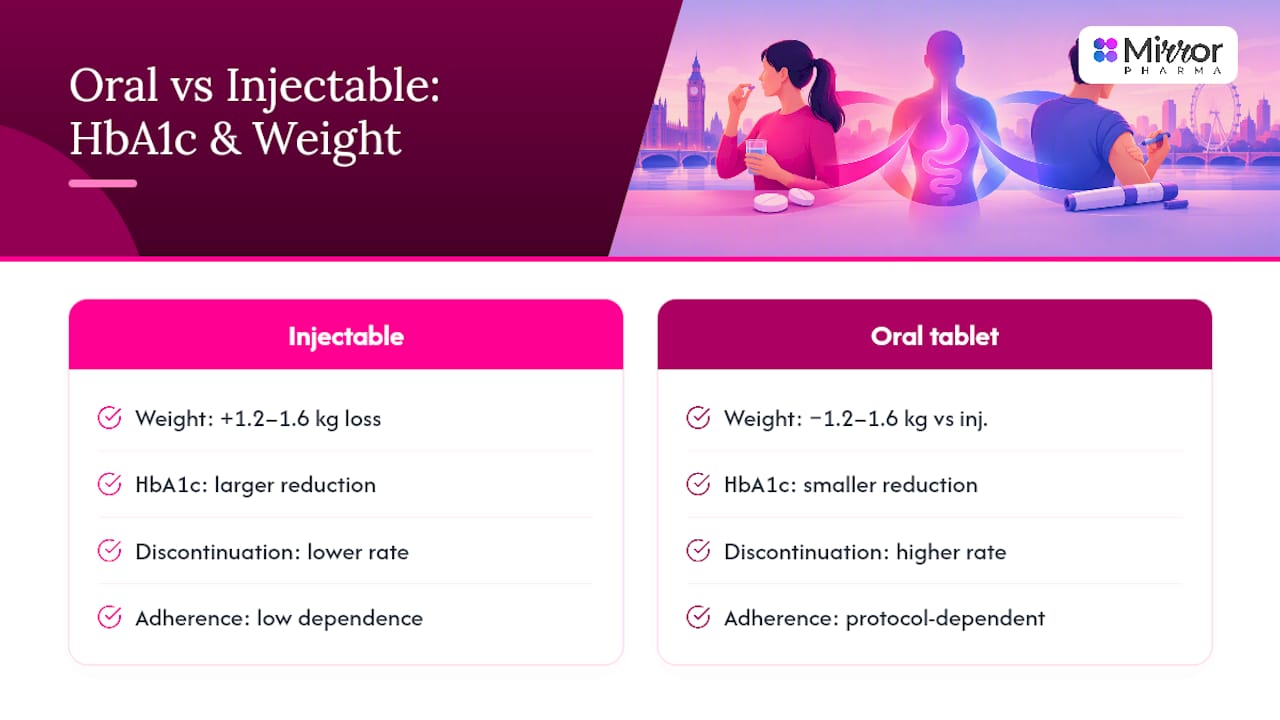 Oral vs injectable semaglutide: comparing HbA1c and weight outcomes — overview diagram