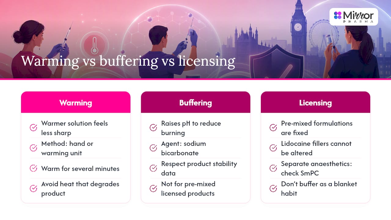 Warming and buffering injectable solutions before use — overview diagram