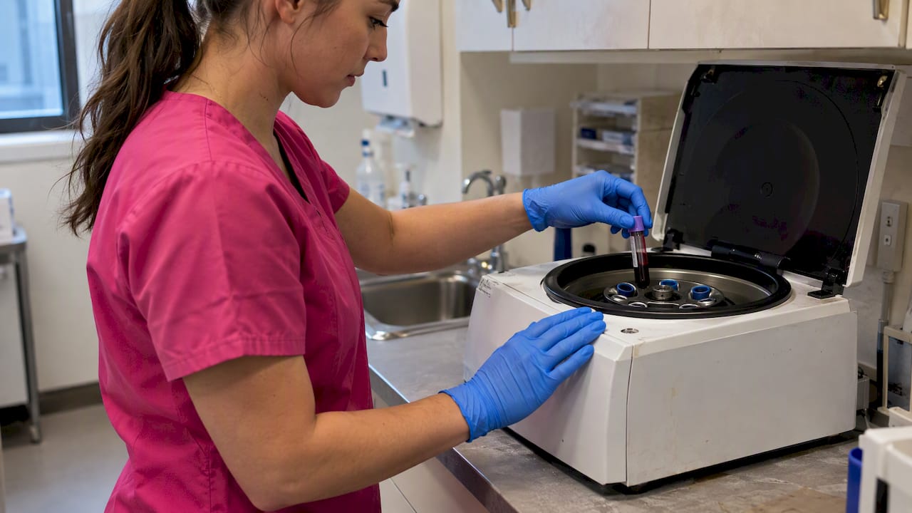 Blood tube beside a clinic centrifuge