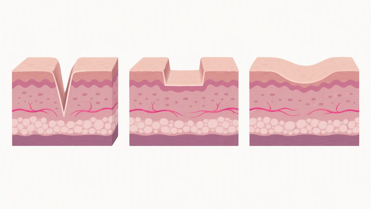 Illustrated cross-sections of three acne scar types